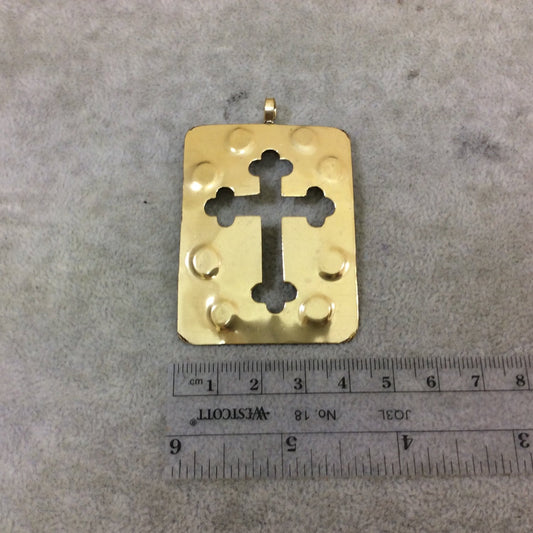 DISC 2.25" Lightweight Gold Plated Medieval Cross Cutout Rectangle Shaped Copper Pendant  - Measuring 42mm x 57mm, Approx. 