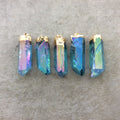 Gold Electroplated Mystic Blue Coated Angel Aura Quartz Point Pendant - Measuring 12-18mm x 40-55mm, Approx. - Sold Individually/Random