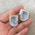 Pair of OOAK Gold Electroplated Natural Druzy Agate Geode Half Freeform Shaped Pendants - Measuring 28mm x 27mm - Unique, As Pictured