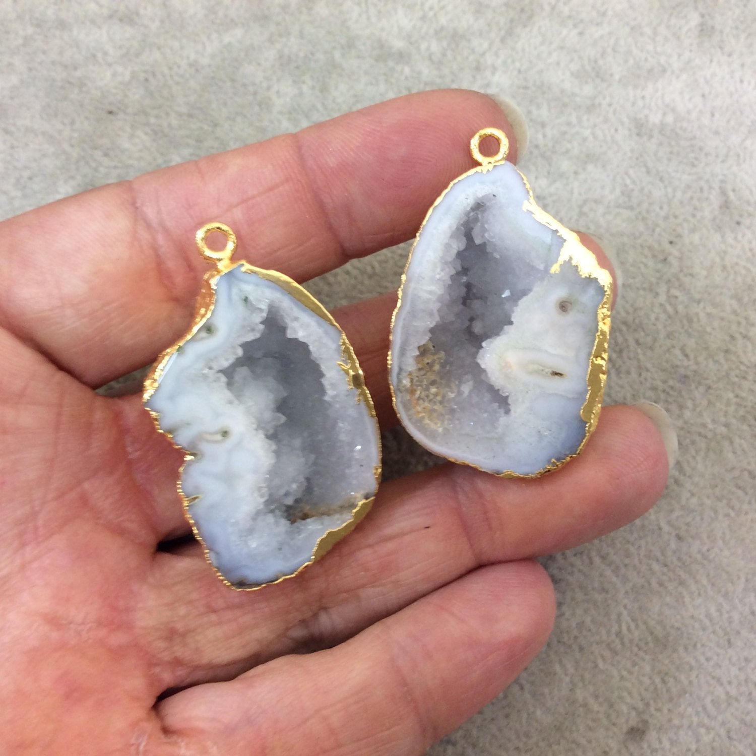 Pair of OOAK Gold Electroplated Natural Druzy Agate Geode Half Freeform Shaped Pendants - Measuring 24mm x 37mm - Unique, As Pictured