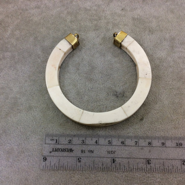 3.5" Large White/Ivory Double Ended Thick U-Shaped Crescent Shaped Natural Ox Bone Focal Pendant - Measuring 85mm x 82mm - (TR078-WH)
