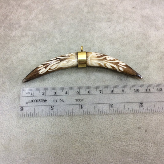 4" Brown/White Long Skinny Banana Tusk Shaped Natural Ox Bone Pendant with Carved Leaf Pattern - Measuring 13mm x 103mm - (TR110)