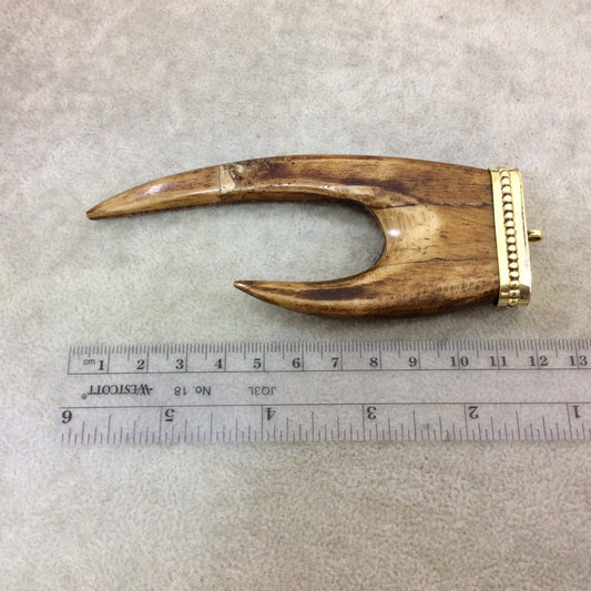 SALE 4.5" Brown Flat Double Claw Shaped Natural Ox Bone Pendant with New Cap Design - Measuring 48mm x 120mm, Approximately