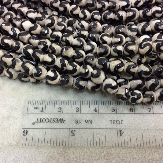 8mm Natural Wavy Black/White Tibetan Agate Faceted Round Shaped Beads with 1mm Holes - 15.5" Strand (Approx. 48 Beads) - Quality Stone