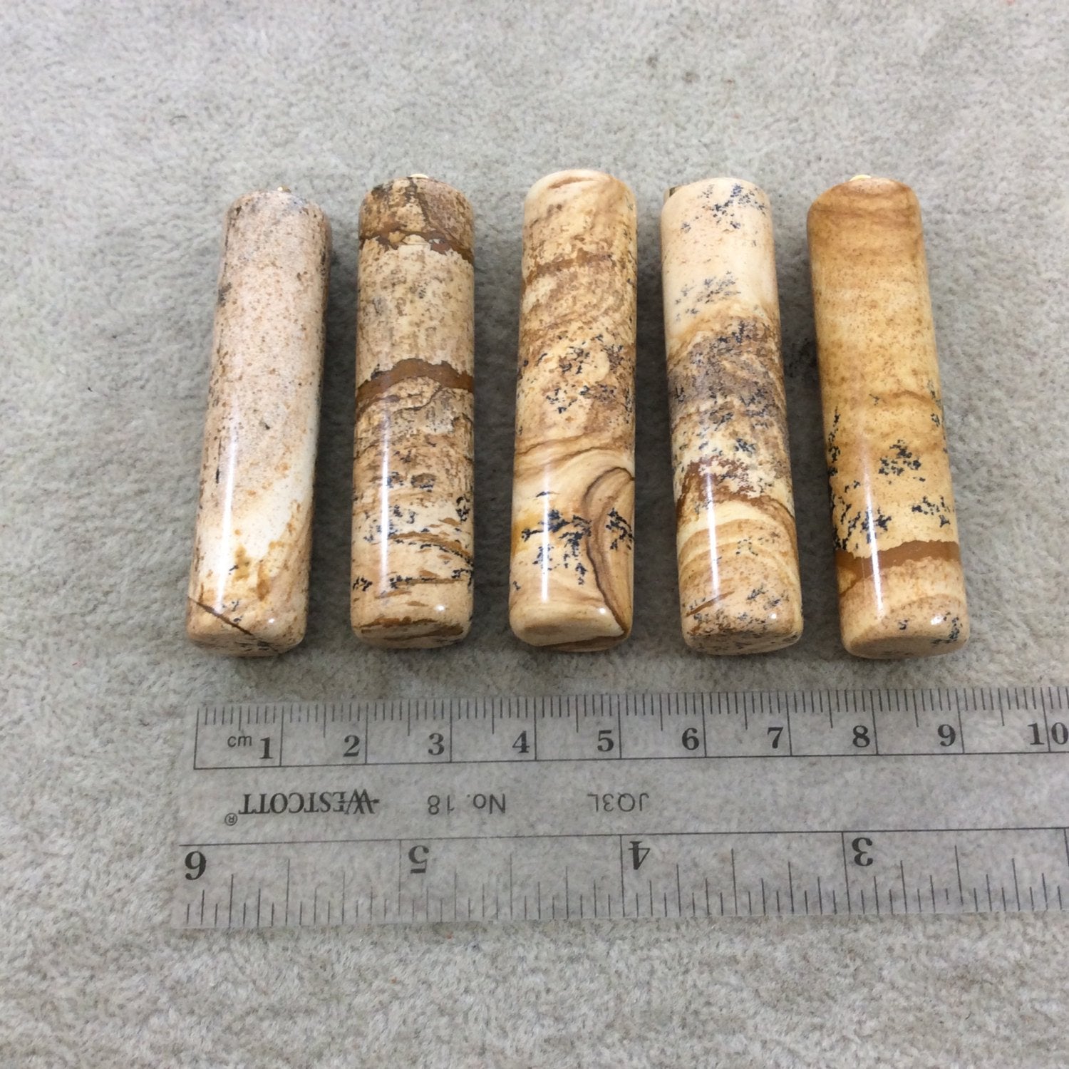 Single Natural Picture Jasper Cylinder Shaped Pendant with Gold Plated Bail - Measuring 14mm x 55-60mm, Approx. - Sold Individually, Random