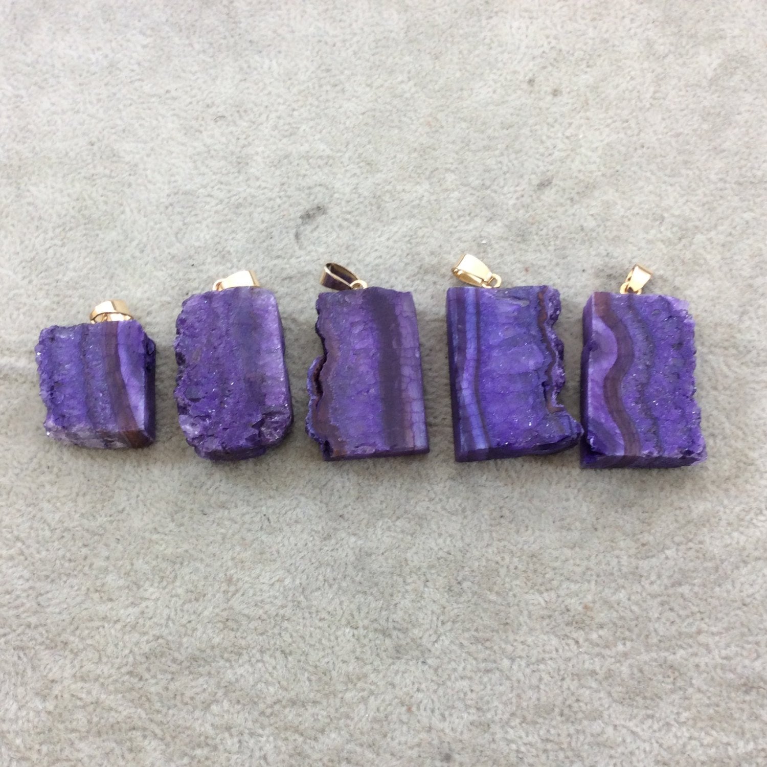 Single Dyed Purple Druzy Agate Freeform Slice/Slab Pendant with Gold Bail - Measuring 15-25mm x 40-50mm Approx. - Sold Individually, Random