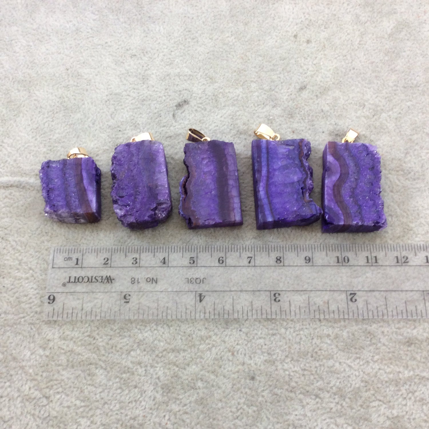 Single Dyed Purple Druzy Agate Freeform Slice/Slab Pendant with Gold Bail - Measuring 15-25mm x 40-50mm Approx. - Sold Individually, Random