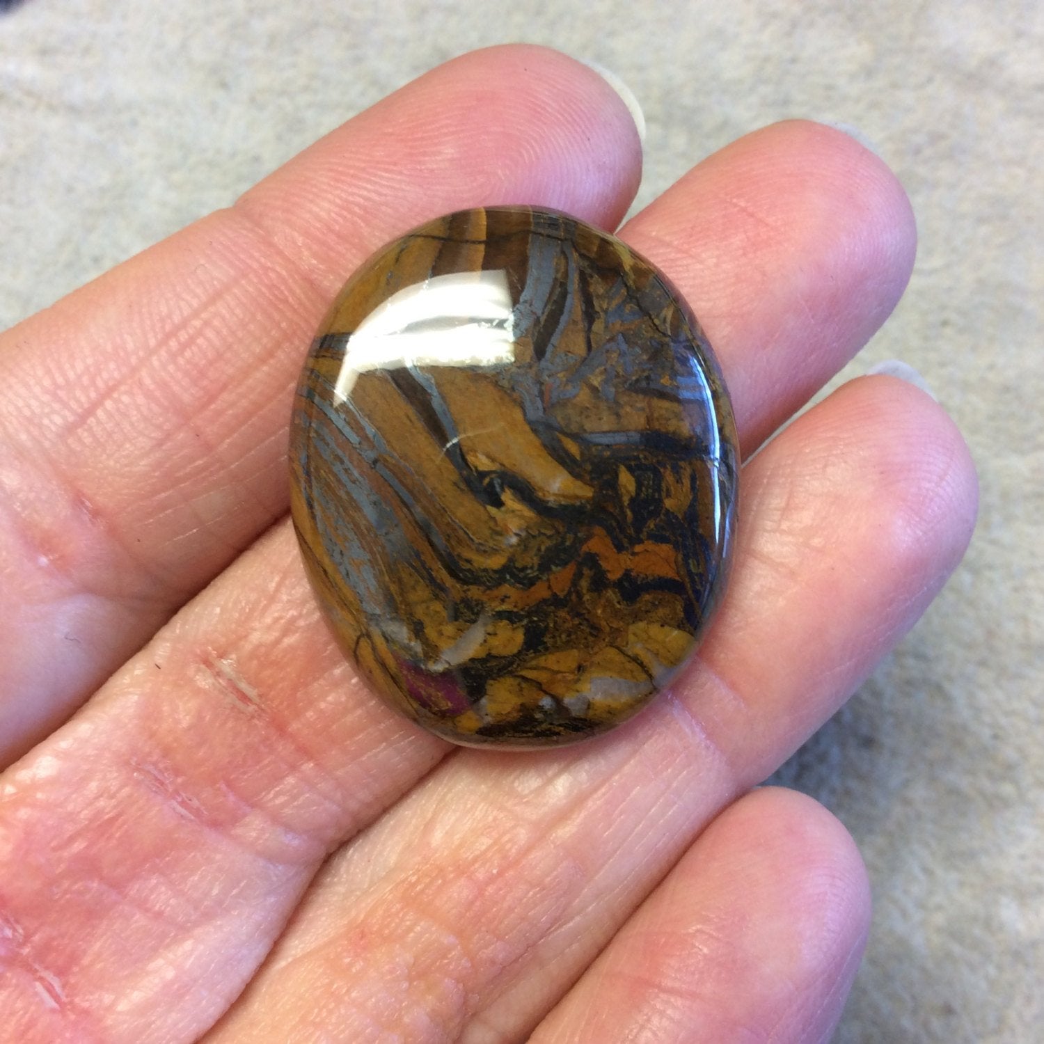 Single OOAK Natural Tiger Iron Oblong Oval Shaped Flat Back Cabochon - Measuring 26mm x 32mm, 7mm Dome Height - High Quality Gemstone
