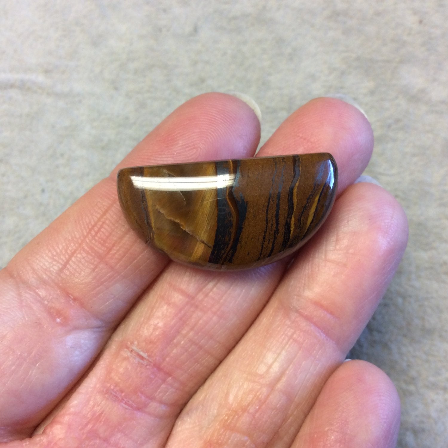Single OOAK Natural Tiger Iron Half Moon D-Shaped Flat Back Cabochon - Measuring 33mm x 17mm, 8mm Dome Height - High Quality Gemstone