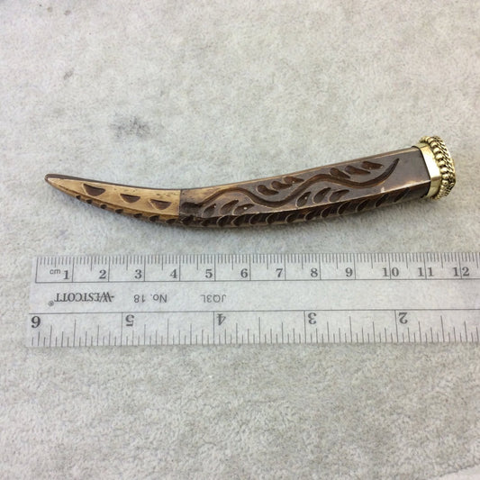 SALE - 4.5" Warm Brown Squared Tusk/Claw Shaped Ox Bone Pendant with Carved Teardrops and Gold Cap - Measuring 18 x 105mm - (TR45WBSQCT)