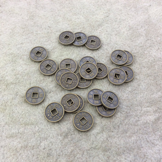 Bulk Pack of 10mm Antique Brass Plated Tibetan Silver Detailed Oriental Coin/Circle Shaped Focal Charms/Pendants - Sold in Packs of 24