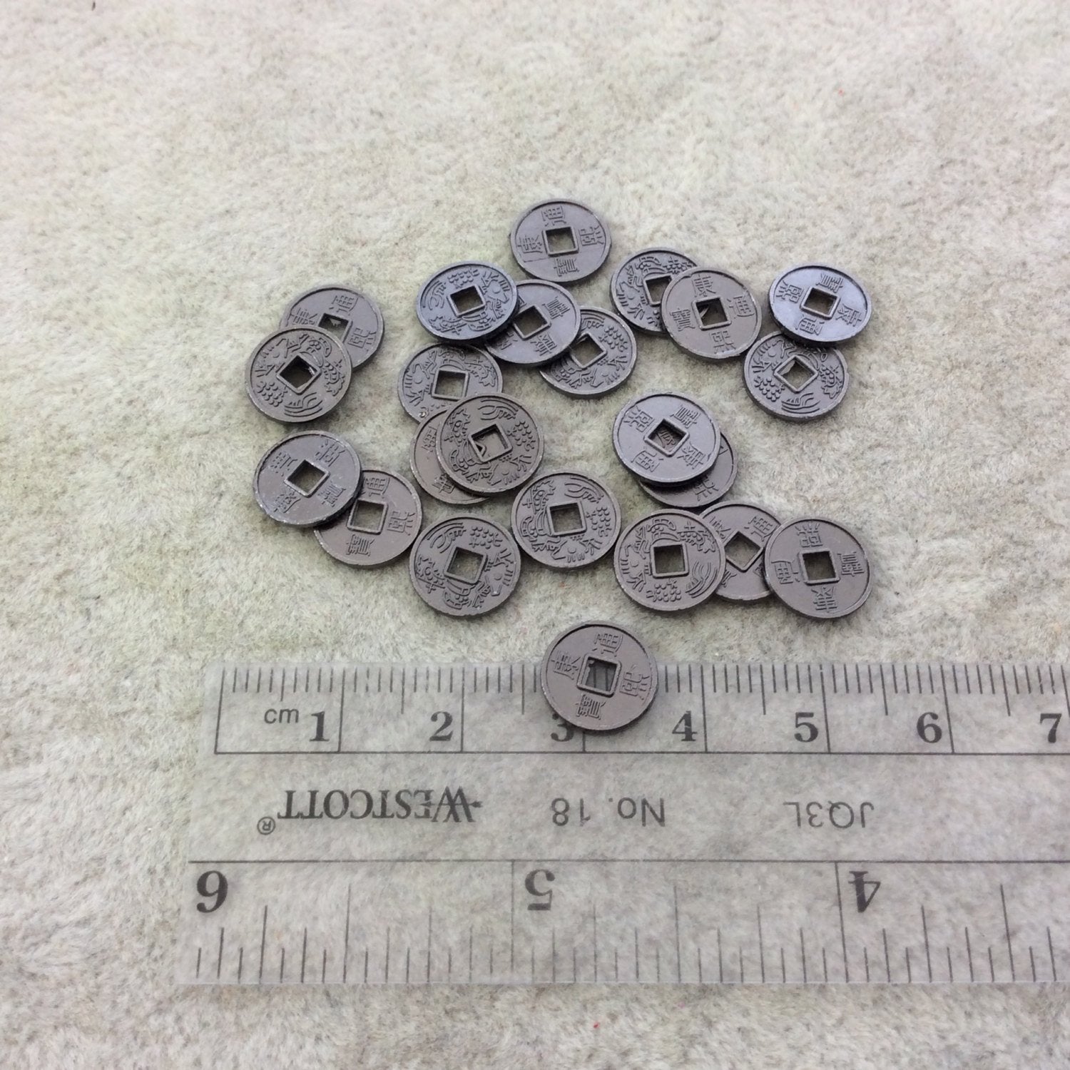 Bulk Pack of 10mm Oxidized Gunmetal Plated Tibetan Silver Detailed Oriental Coin/Circle Shaped Focal Charms/Pendants - Sold in Packs of 24