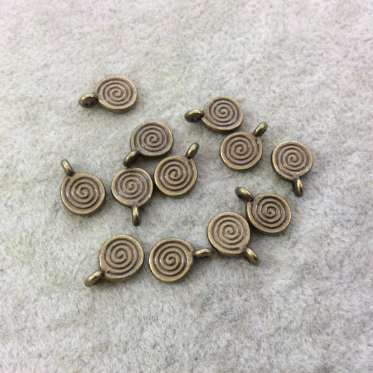 Bulk Pack of 8mm Antique Brass Plated Tibetan Silver Detailed Swirl/Spiral Engraved Round Shaped Focal Charms/Pendants - Sold in Packs of 12