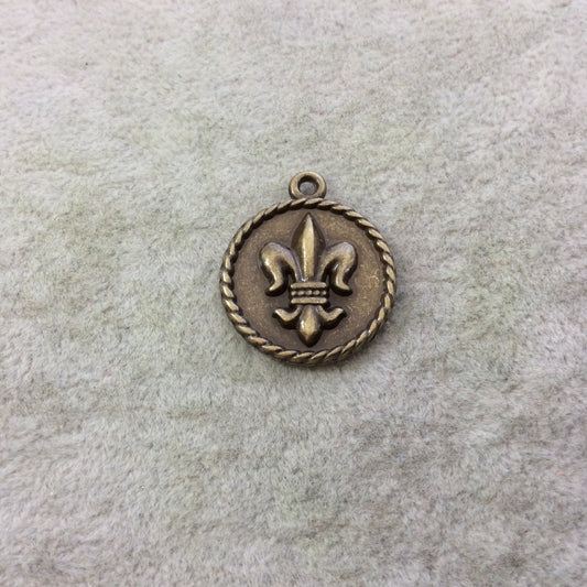 24mm Antique Brass Plated Tibetan Silver Double Sided Fleur de Lis Crown/Flourish Round Shaped Focal Charms/Pendants - Sold Individually