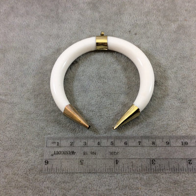 3" White Thick Pointed Double Ended Crescent Shaped Acrylic Resin Pendant with Gold Caps/Bail - Measuring 80mm x 75mm - (TR071-SW)