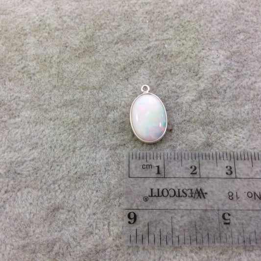Single OOAK Sterling Silver Smooth Semi-Opaque Rainbow Genuine Ethiopian Opal Vertical Oval Shaped Bezel Pendant - Measuring 11mm x 15mm