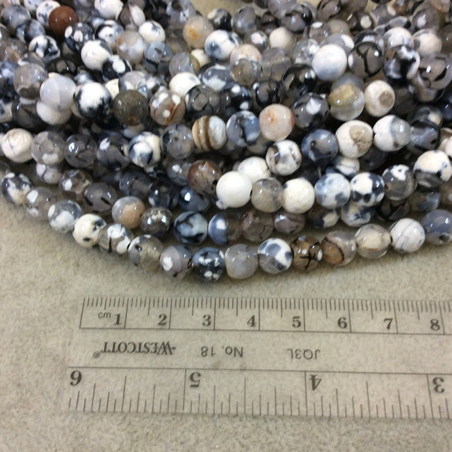 8mm Faceted Round Gray/White Dragon Vein Agate Beads with 1mm Holes - 14.75" Strand (Approximately 48 Beads per Strand) - Natural Gemstone