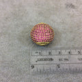 Gold Plated Fuchsia CZ Cubic Zirconia Inlaid Puffed Coin Shaped Copper Bead - Measuring 25mm x 25mm  - See Related for Other Colors!