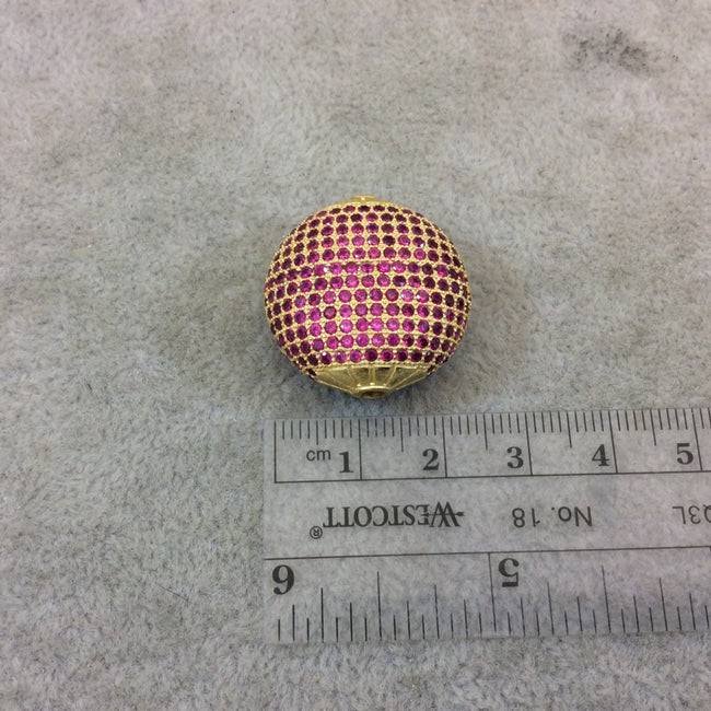 Gold Plated Fuchsia CZ Cubic Zirconia Inlaid Puffed Coin Shaped Copper Bead - Measuring 25mm x 25mm  - See Related for Other Colors!
