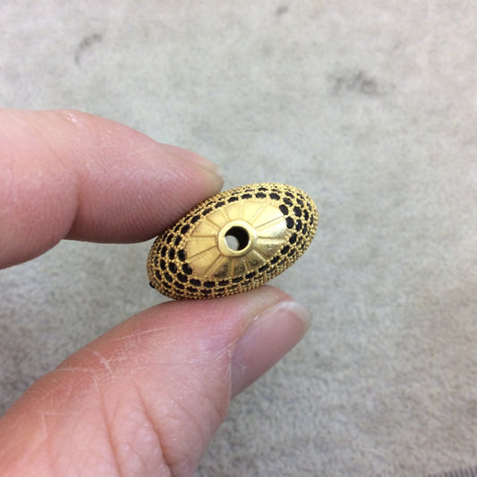 Gold Plated Jet Black CZ Cubic Zirconia Inlaid Puffed Coin Shaped Copper Bead - Measuring 25mm x 25mm  - See Related for Other Colors!
