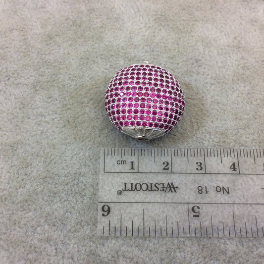 Silver Plated Fuchsia CZ Cubic Zirconia Inlaid Puffed Coin Shaped Copper Bead - Measuring 25mm x 25mm  - See Related for Other Colors!