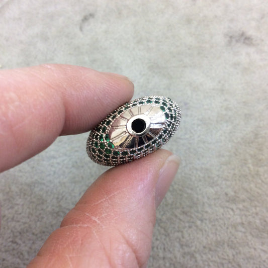 Silver Plated Green CZ Cubic Zirconia Inlaid Puffed Coin Shaped Copper Bead - Measuring 25mm x 25mm  - See Related for Other Colors!