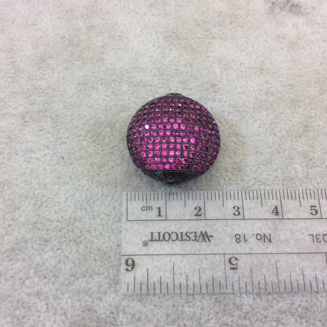 Gunmetal Plated Fuchsia CZ Cubic Zirconia Inlaid Puffed Coin Shaped Copper Bead - Measuring 25mm x 25mm  - See Related for Other Colors!