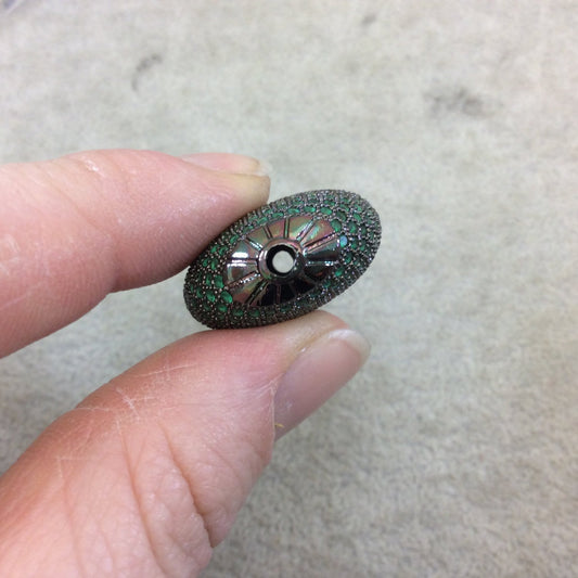 Gunmetal Plated Green CZ Cubic Zirconia Inlaid Puffed Coin Shaped Copper Bead - Measuring 25mm x 25mm  - See Related for Other Colors!