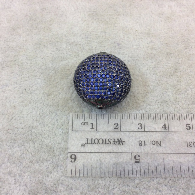 Gunmetal Plated Dark Blue CZ Cubic Zirconia Inlaid Puffed Coin Shaped Copper Bead - Measuring 25mm x 25mm  - See Related for Other Colors!