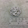 Silver Plated White CZ Cubic Zirconia Inlaid Flat Open Backed Rose Blossom Shaped Copper Slider with 2mm Hole - Measuring 36mm x 36mm