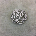 Silver Plated White CZ Cubic Zirconia Inlaid Flat Open Backed Rose Blossom Shaped Copper Slider with 2mm Hole - Measuring 36mm x 36mm