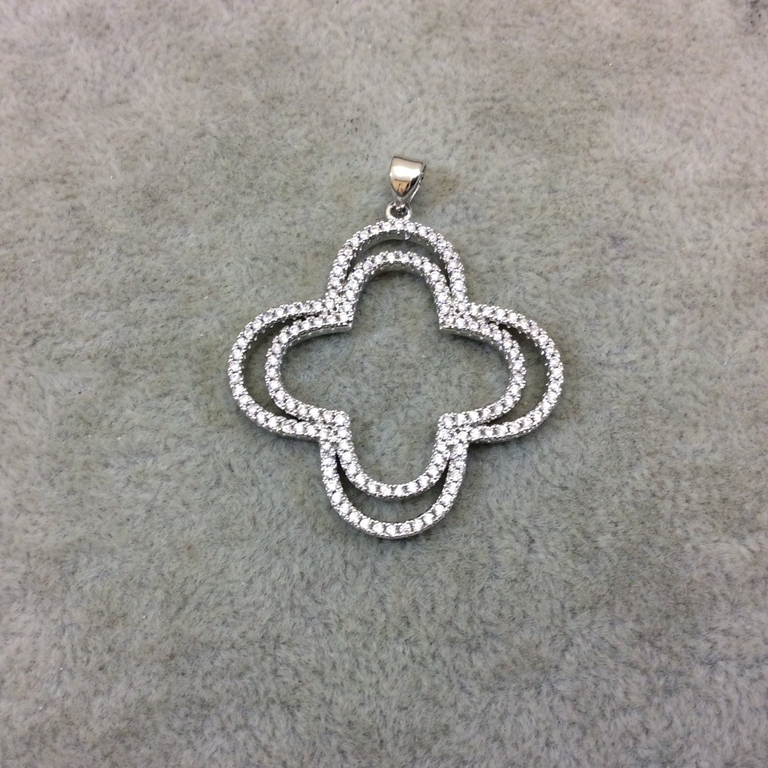 Silver Plated White CZ Cubic Zirconia Inlaid Double Quatrefoil/Clover Shaped Copper Pendant with Attached Bail - Measuring 34mm x 34mm