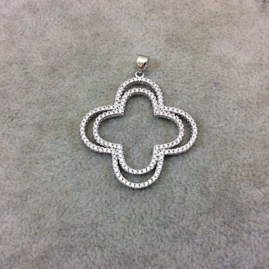 Silver Plated White CZ Cubic Zirconia Inlaid Double Quatrefoil/Clover Shaped Copper Pendant with Attached Bail - Measuring 34mm x 34mm
