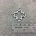 Silver Plated White CZ Cubic Zirconia Inlaid Double Quatrefoil/Clover Shaped Copper Pendant with Attached Bail - Measuring 34mm x 34mm