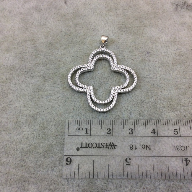 Silver Plated White CZ Cubic Zirconia Inlaid Double Quatrefoil/Clover Shaped Copper Pendant with Attached Bail - Measuring 34mm x 34mm