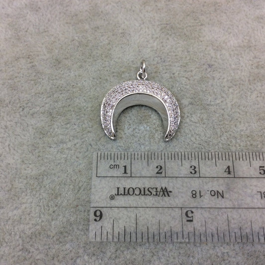 Silver Plated CZ Cubic Zirconia Inlaid Convex Crescent Shaped Copper Pendant - Measuring 25mm x 20mm  - Four Colors Available, See Related!