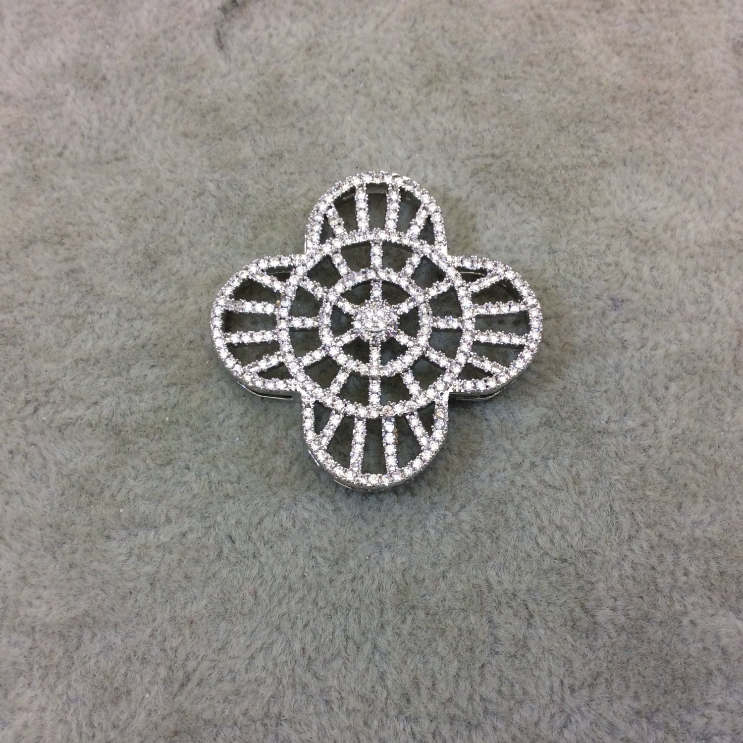 Silver Plated White CZ Cubic Zirconia Inlaid Flat Ornate Open Quatrefoil/Clover Shaped Copper Slider with 2mm Hole - Measuring 35mm x 35mm