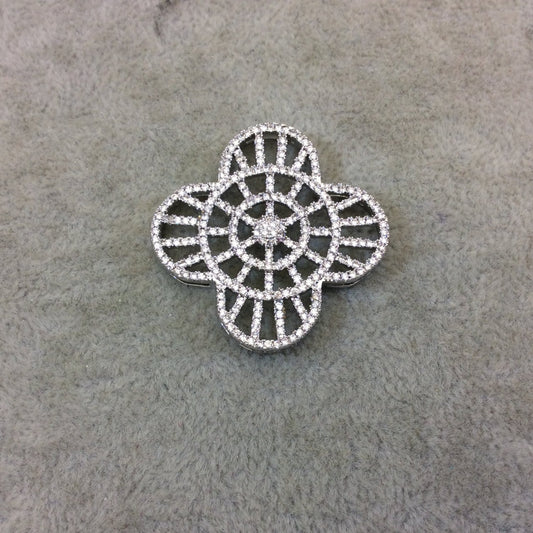 Silver Plated White CZ Cubic Zirconia Inlaid Flat Ornate Open Quatrefoil/Clover Shaped Copper Slider with 2mm Hole - Measuring 35mm x 35mm