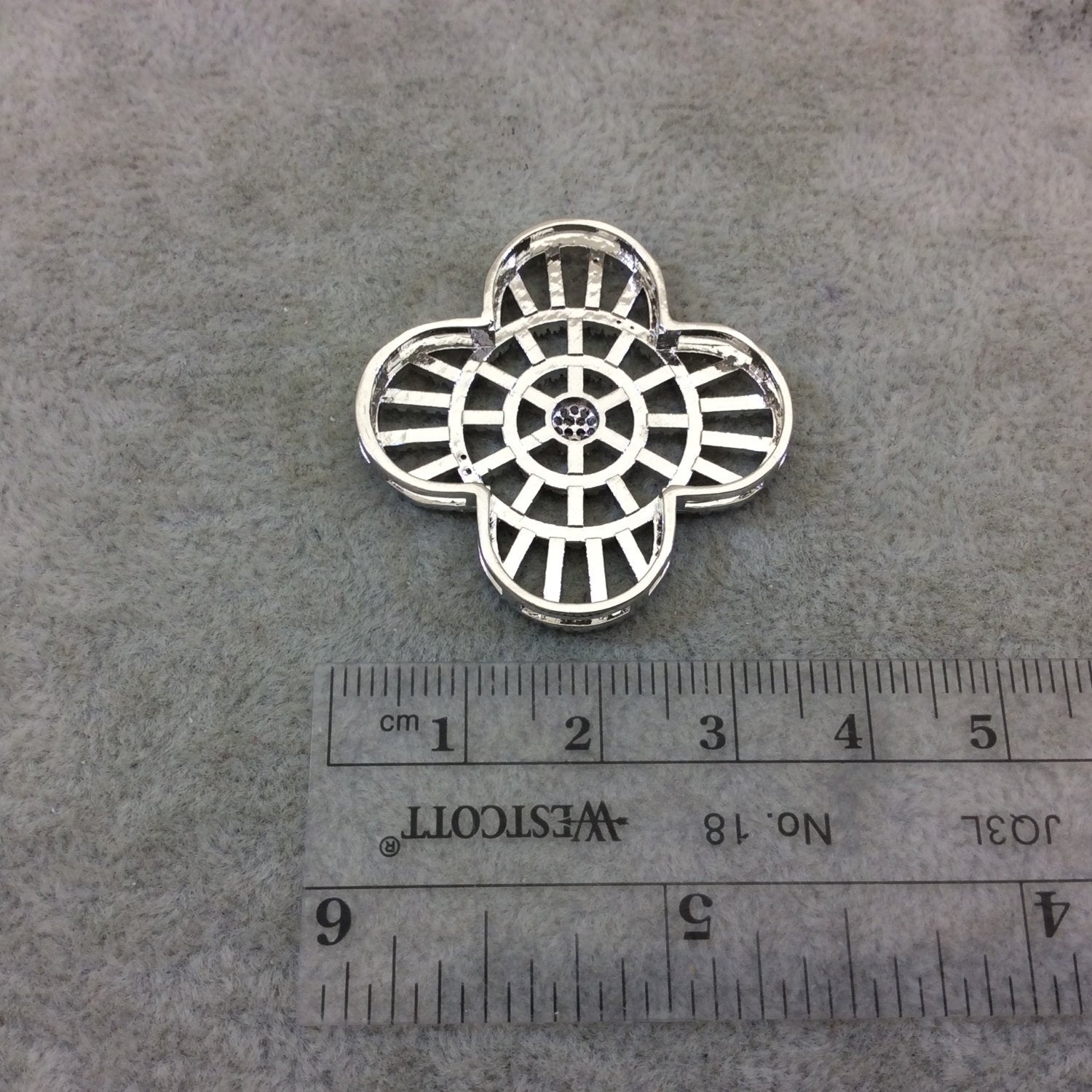 Silver Plated White CZ Cubic Zirconia Inlaid Flat Ornate Open Quatrefoil/Clover Shaped Copper Slider with 2mm Hole - Measuring 35mm x 35mm