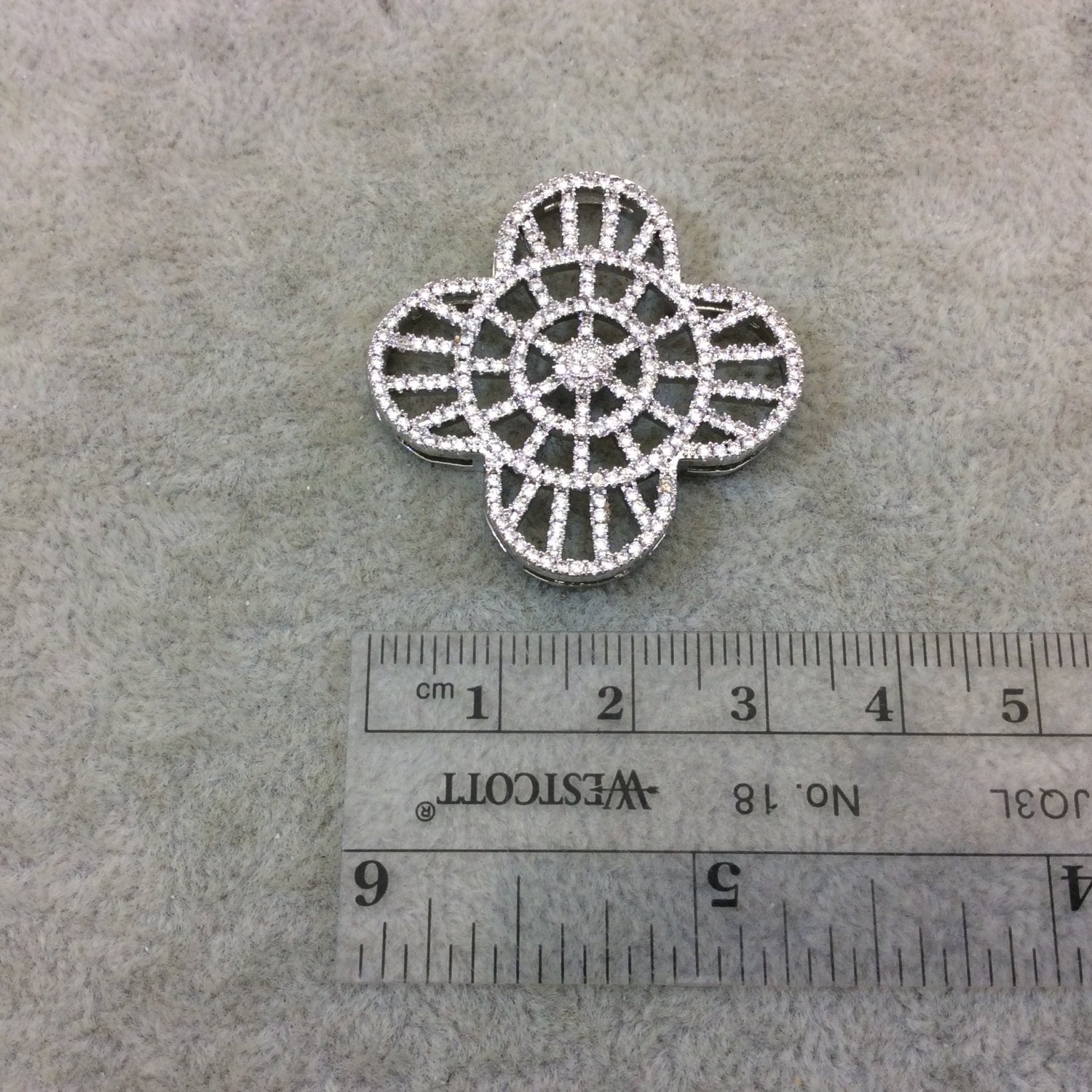 Silver Plated White CZ Cubic Zirconia Inlaid Flat Ornate Open Quatrefoil/Clover Shaped Copper Slider with 2mm Hole - Measuring 35mm x 35mm