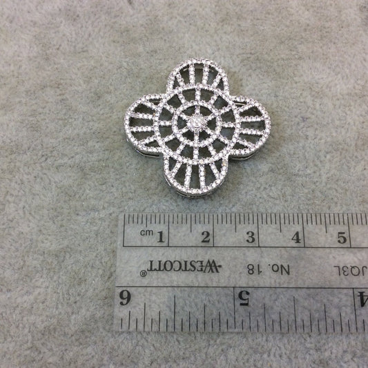 Silver Plated White CZ Cubic Zirconia Inlaid Flat Ornate Open Quatrefoil/Clover Shaped Copper Slider with 2mm Hole - Measuring 35mm x 35mm