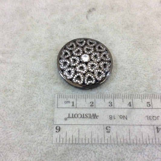Gunmetal Plated White CZ Cubic Zirconia Inlaid Fancy/Ornate Heart Designed Open Round/Coin Shaped Copper Slider - Measuring 32mm x 32mm