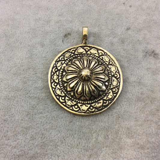 2" Heavy Oxidized Brass Raised Center Medallion Shaped Pendant with Attached Bail  - Measuring 50mm x 50mm, Approx. - Sold Individually