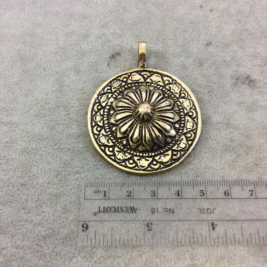 2" Heavy Oxidized Brass Raised Center Medallion Shaped Pendant with Attached Bail  - Measuring 50mm x 50mm, Approx. - Sold Individually