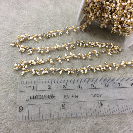 Gold Plated Copper Double Dangle Wrapped Rosary Chain with 2mm Natural White/Gray Howlite Round Beads - Sold by 1' Cut Sections or in Bulk!