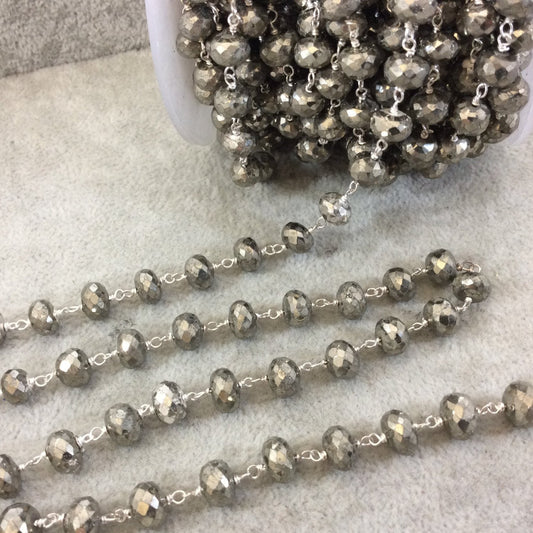 Silver Plated Copper Wrapped Rosary Chain with 7-8mm Faceted Natural Gray/Gold Pyrite Rondelle Beads ((CH352-SV) - Sold by 1' Cut Sections!