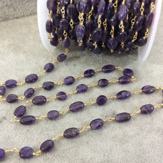 Gold Plated Copper Wrapped Rosary Chain with 6-9mm Smooth Natural Amethyst Oval Nugget Shaped Beads (CH329-GD) - Sold by 1' Cut Sections!