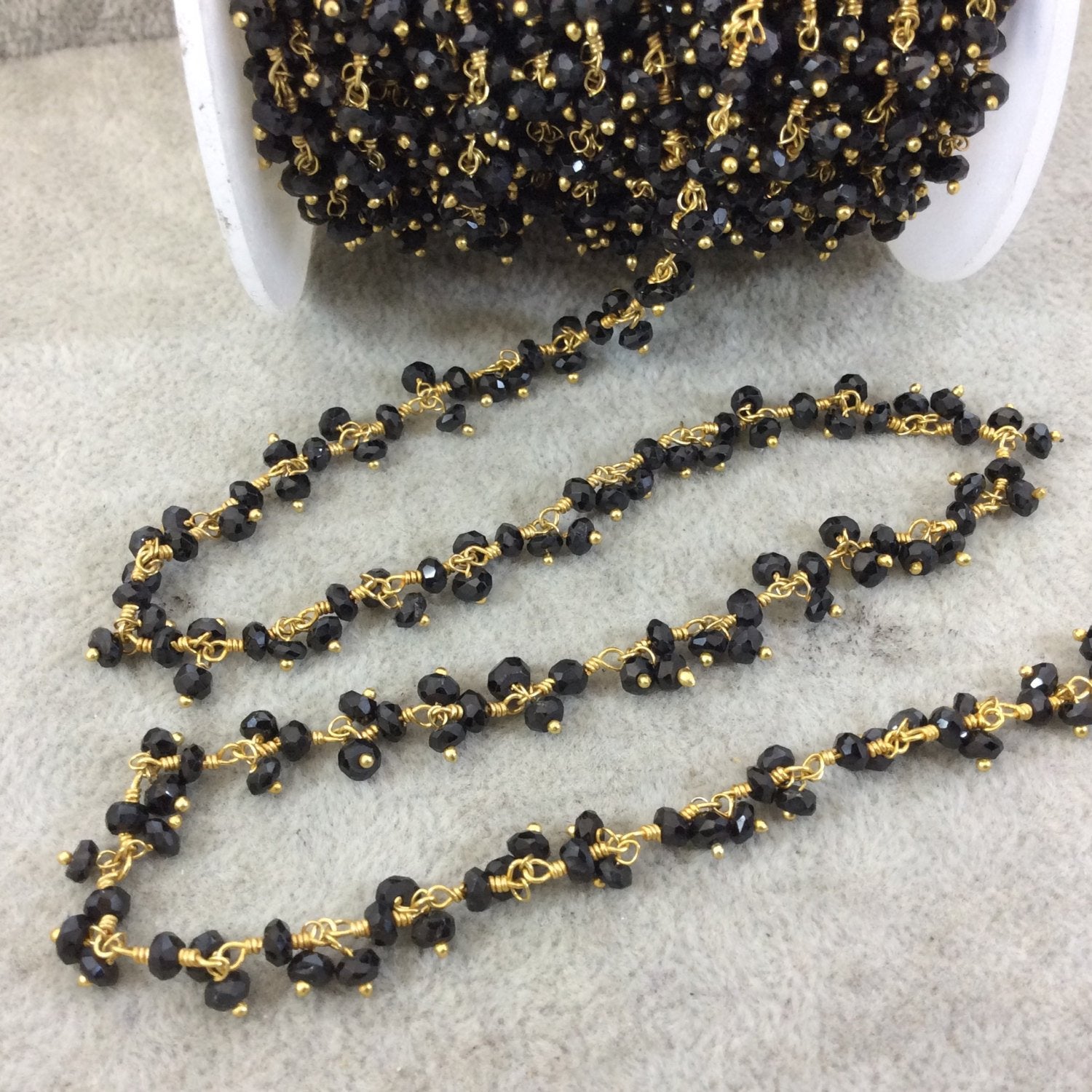 Gold Plated Copper Double Dangle Rosary Chain with 3-4mm Faceted Natural Black Spinel Rondelle Beads - Sold by 1' Cut Sections or in Bulk!