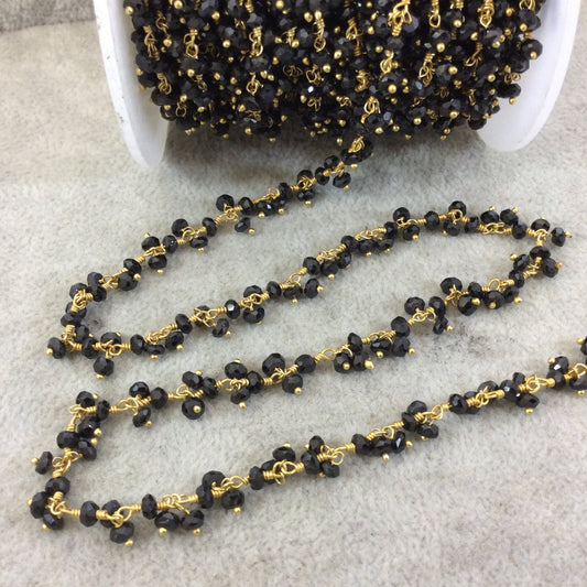 Gold Plated Copper Double Dangle Rosary Chain with 3-4mm Faceted Natural Black Spinel Rondelle Beads - Sold by 1' Cut Sections or in Bulk!
