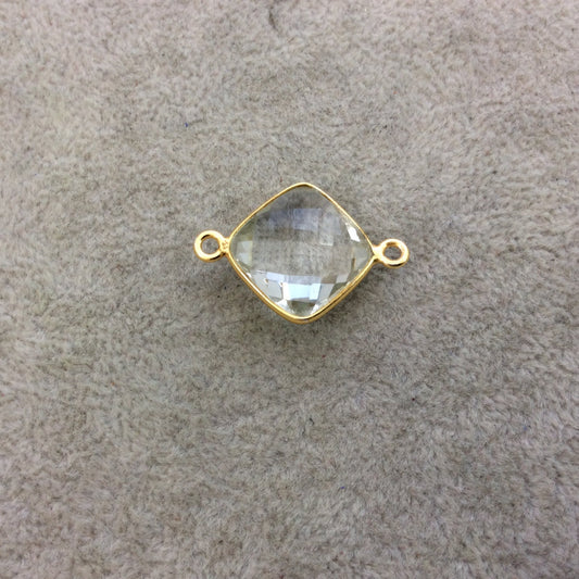Gold Vermeil Faceted Clear Hydro (Lab Created) Quartz Diamond Shaped Bezel Connector - Measuring 15mm x 15mm - Sold Individually